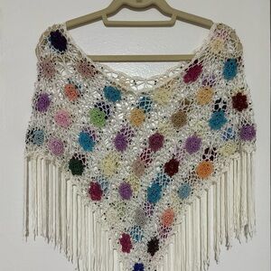 Handmade Crochet Floral Fringe Poncho Shawl - Boho Festival Coachella
